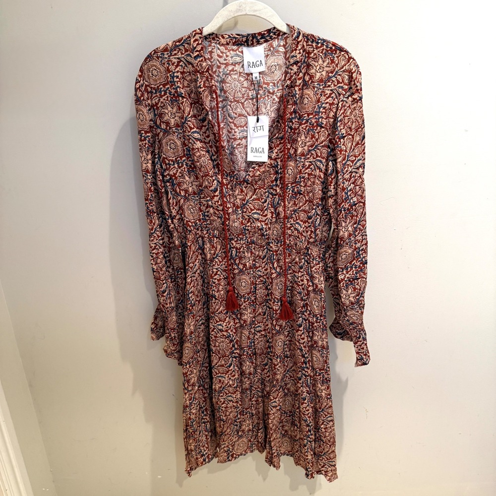 Raga Women Floral Block Print Boho Midi Dress Rust Navy Long Sleeve Size M R4883